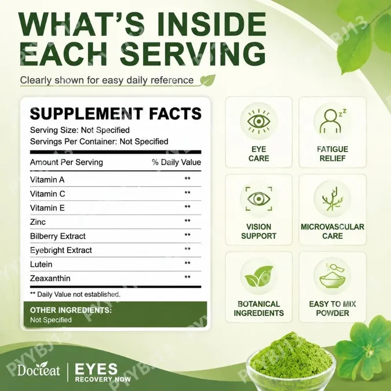 Docteat Eye Health Support Supplement Powder Lutein Zeaxanthin Bilberry Eyebright Zinc Vitamins A C E Botanical Blend 200g 7oz — image 3