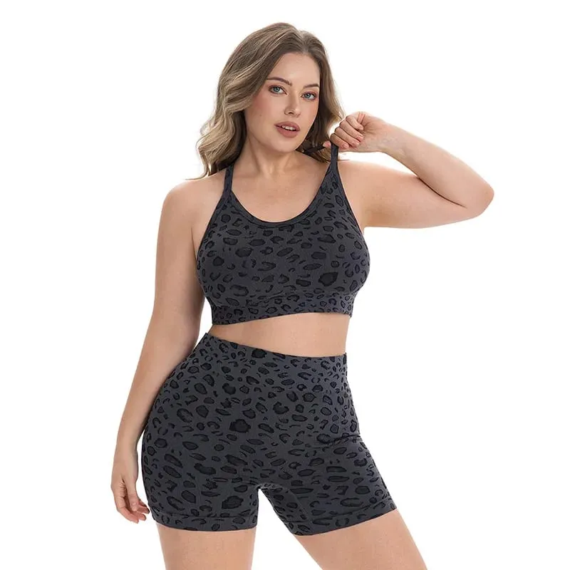 Women Plus Size Leopard Print Workout Set High Waist Tummy Control Shorts Padded Racerback Sports Bra 2PCS Gym Yoga Running Wear — image 7