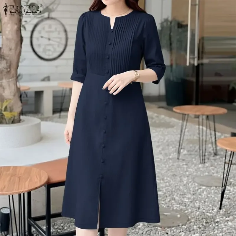 2026 ZANZEA Stylish Split Hem Dress Women Summer Sundress V Neck Half Sleeve Holiday Midi Robe Casual Solid Color Work Dresses — image 3