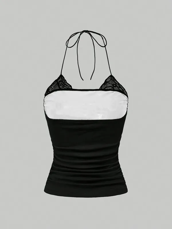 2 Pack Y2K Lace Halter Cami Top Women Cherry Vintage Print Ruched Slim Tie Back Sleeveless Streetwear Tank Camisole