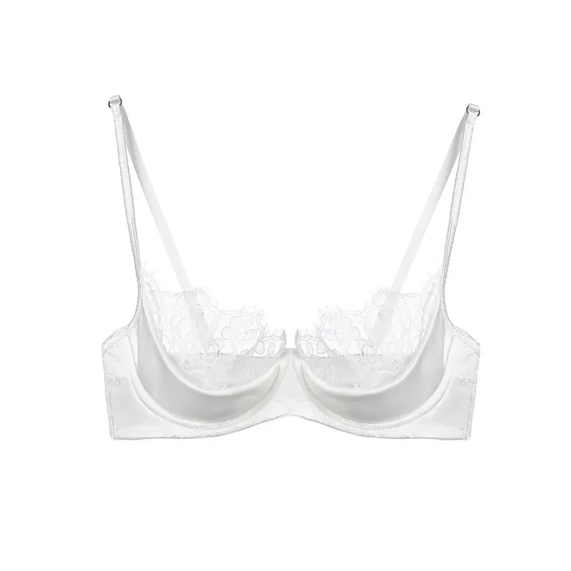 Half Cup Lingerie Set Women Green French Lace Ultra Thin Sheer Soft Comfortable Underwire Bra Small Bust 32‑38AB Set — image 3