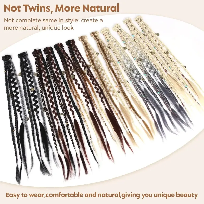 Clip in Braid Hair Extensions for Women 20" Boho Dreadlock Clip in Braids with Beads & Charms 2PCS Synthetic Braided Hairpiece
