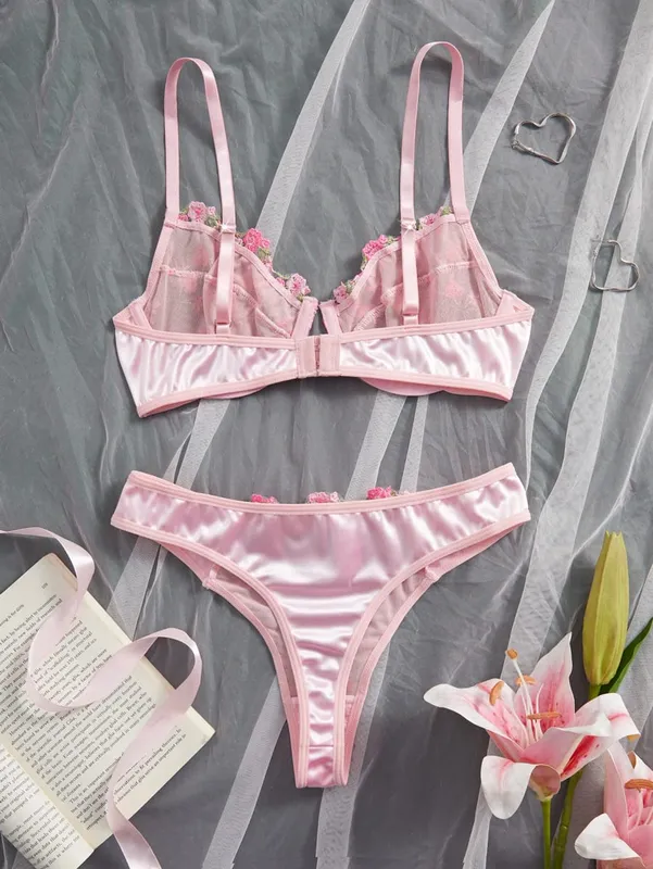 Pink Floral Embroidery Lingerie Set 2PCS Underwired Semi-Sheer Front Closure Back Double Hooks Sexy Underwear for Romantic Occas — image 3