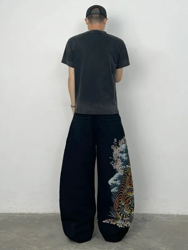 Men's Black Baggy Wide-Leg Jeans with Tiger Cherry Blossom and Wave Print Y2K Streetwear Hip-Hop Fashion Casual Versatile Pants