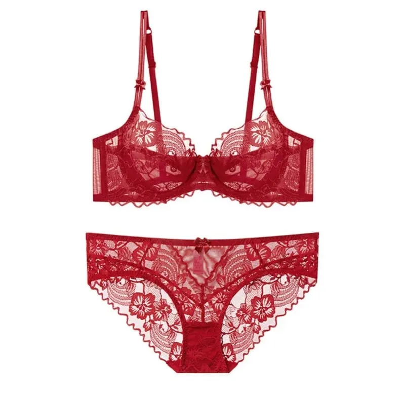 Everyday Lace Lingerie Ultra-thin Breathable Upper Support Anti-sag No Sponge Transparent Bra Set ladies Basic Underwear S-XL — image 6