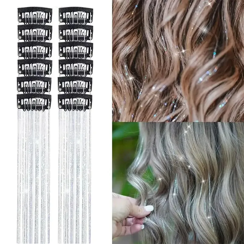 12Pcs Hair Tinsel Clip Glitter Tinsel Hair Extensions Synthetic Clip In Sparkle Music Girl Women Festival Party Hair Accessories