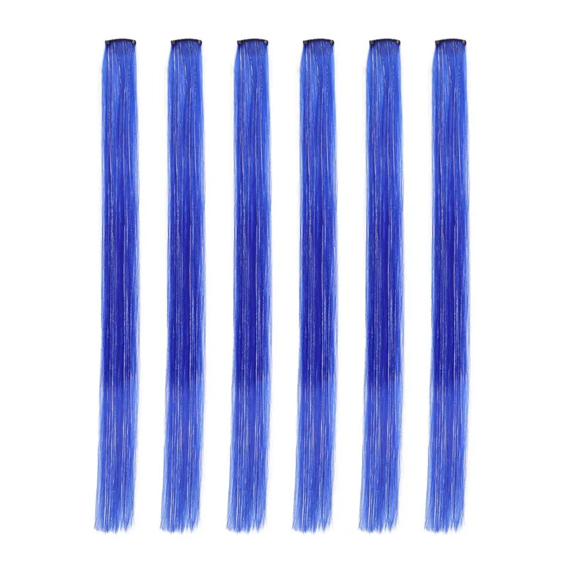 Synthetic 6pcs Clip in Hot Pink Hair Extensions Mix tinsels 22 Inch Colored Hair Extensions 2 in 1 Rainbow Hair