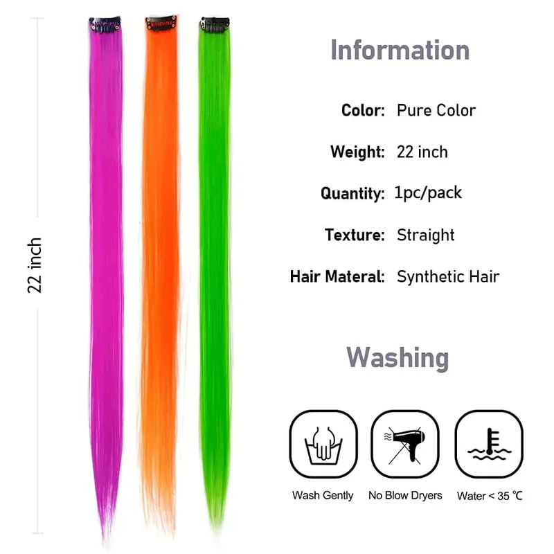 Colored Hair Extensions Synthetic 22Inch Straight Orange Green Clip in Hair Extension Rainbow Accessories Party Highlights Hair — image 3