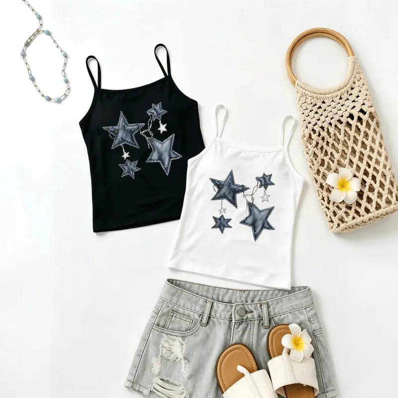 Y2K Women Tank Top Vintage Denim Star Pendant Graphic Spaghetti Strap Camisole Summer Beach Sleeveless Black White Vest Shirt