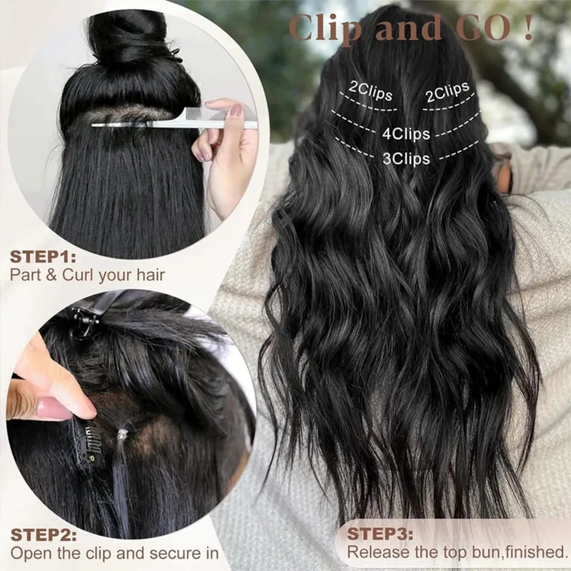 Synthetic Long Wavy Clip In Hair Extensions Hairpiece 6pcs/set For Women Brown Blonde Black Daily Party Halloween And Christmas — image 4