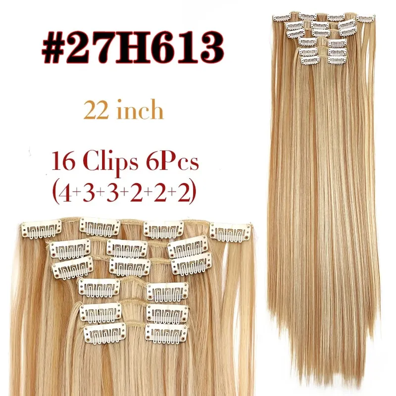 22 Inches Synthetic Long Straight Hairstyle 16 Clips 6Pcs/Set Hair Extensions Blonde Black Hairpieces Heat Resistant For Women