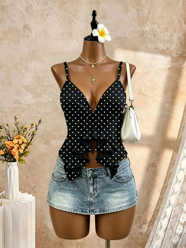 Women Deep V Spaghetti Strap Cami Top Front Self Tie Bow Ruffle Cutout Waist Slim Fit Solid White Summer Y2K Sleeveless Tank Ves