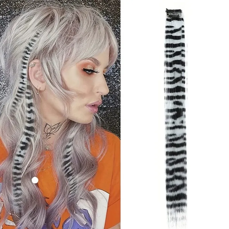 Long Straight Colorful Striped Feather Hairpieces Synthetic Y2K Green Orange Clip in Leopard Print Hair Piece Cosplay Party — image 14