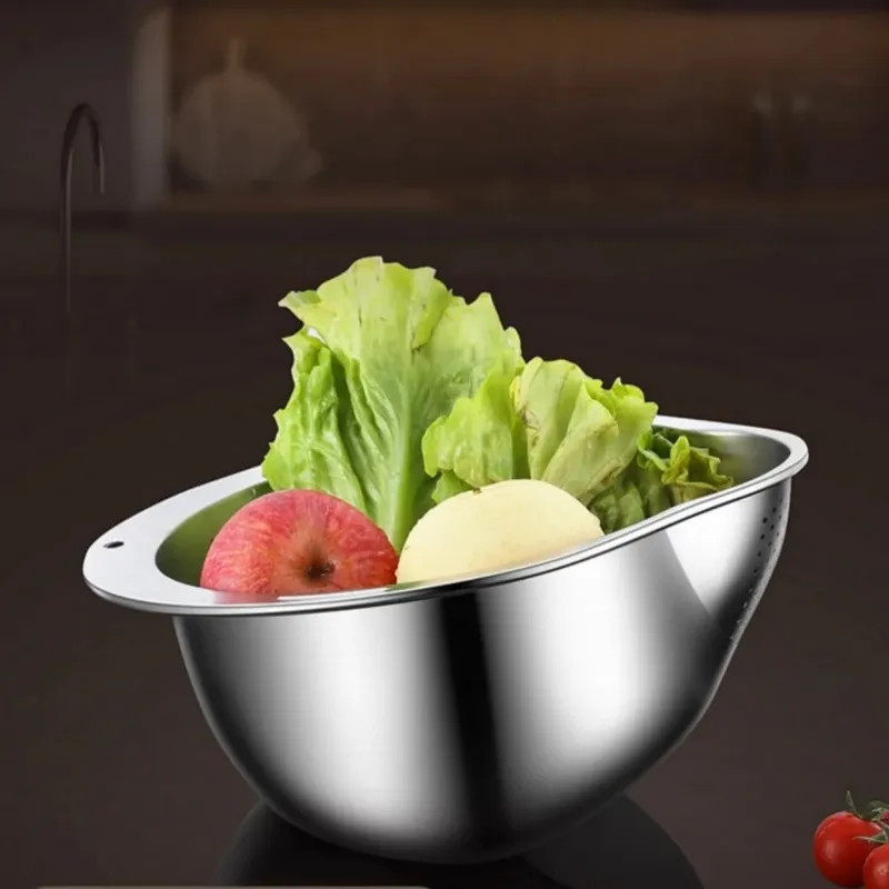 Stainless Steel Rice Washing Bowl with Drain Holes 2-in-1 Vegetable Fruit Strainer Colander Basket for Kitchen Sink