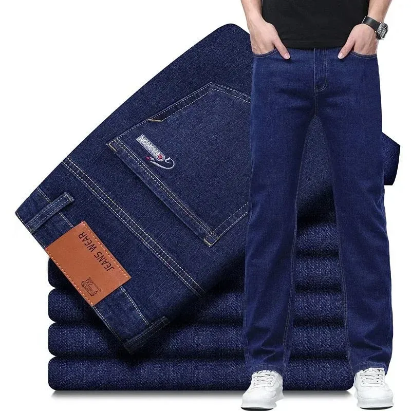 2026 New Comfortable Fabric Jeans Men Business Slim Fit Denim Pants Male Stylish Solid Color Straight Leg Casual Trousers