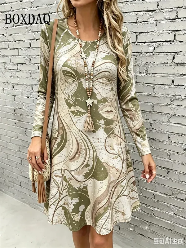 2026 New Women's Dresses Autumn Fashion Streetwear Abstract Painting Floral Print Dress Casual Long Sleeve Loose A-Line Dress — image 9