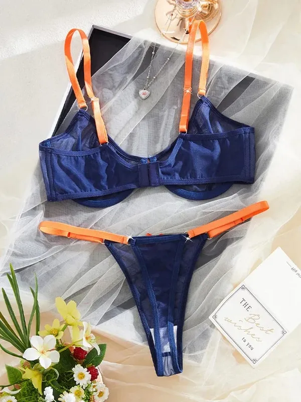 Quần Lót Nữ Màu Xanh Hải Quân Sheer Lưới Quần Lót Thép Nhẫn Áo Ngực Nơ Cam Đùi 2 Miếng Gợi Cảm Màu Sắc Tương Phản Dùng Thân Thiết