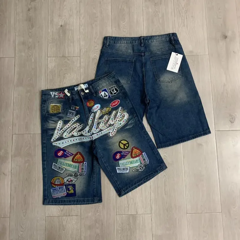 New Y2K Colorful Rhinestone VALLEY Embroidery Patch Label Denim Shorts Jorts Men Women High Quality Loose Straight Short Jeans — image 9