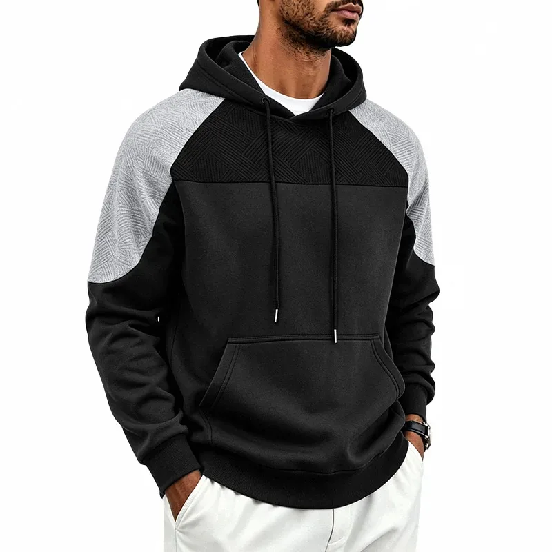 Men Patchwork Color Block Pullover Hoodie Drawstring Kangaroo Pocket Long Sleeve Loose Sweatshirt Autumn Winter Streetwear Tops