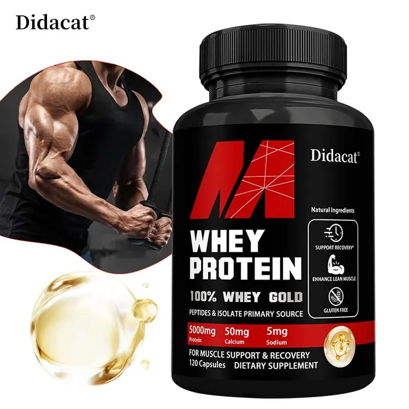 Cápsulas de proteína de soro de leite - Contém 5000 mg de proteína - Apoia a recuperação Saúde muscular equilibrada Sem glúten NÃO OGM