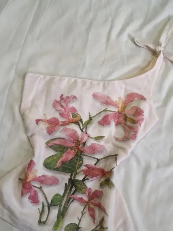 Women Vintage Pink Floral Print One Shoulder Cami Top Tie Strap Slim Flared Hem Cottagecore Boho Summer Sleeveless Casual Blouse