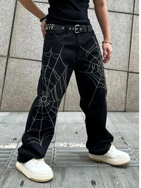Men's Black Jeans Spider Web Printing Loose Wide Leg Casual Daily Trousers High Street Fashion Trendy Streetwear Denim Pants — image 2