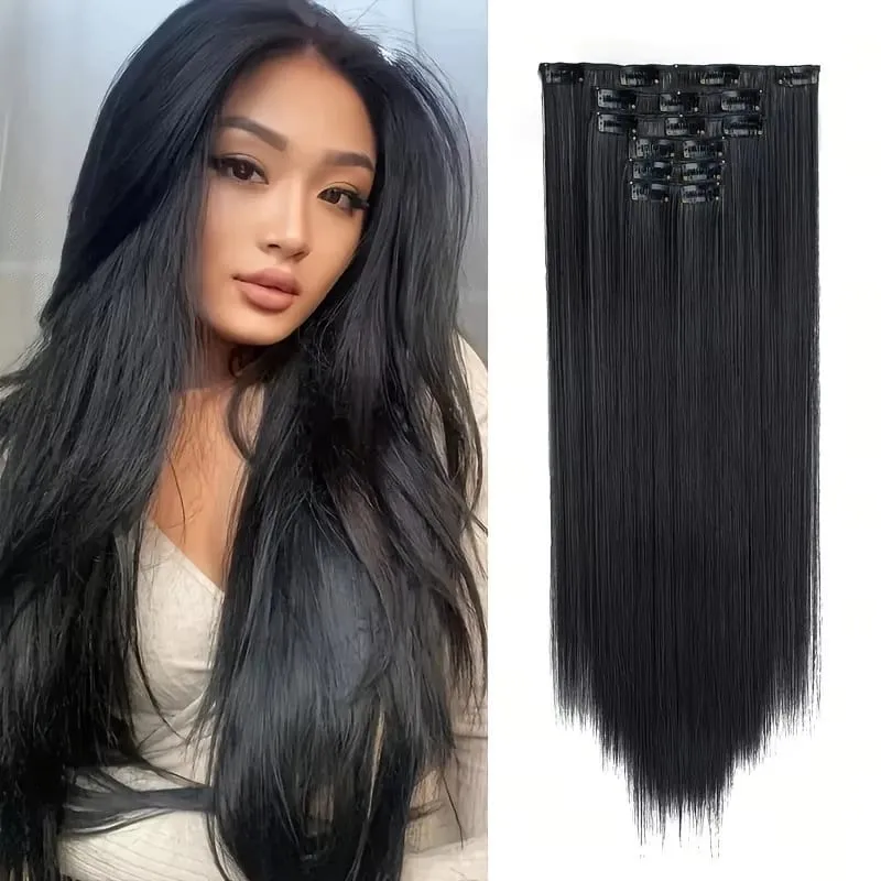 7pcs Full Head Clip-In Hair Extensions Suitable for Women - 20"/50cm Long Straight Synthetic Hair with 150g Total Volume