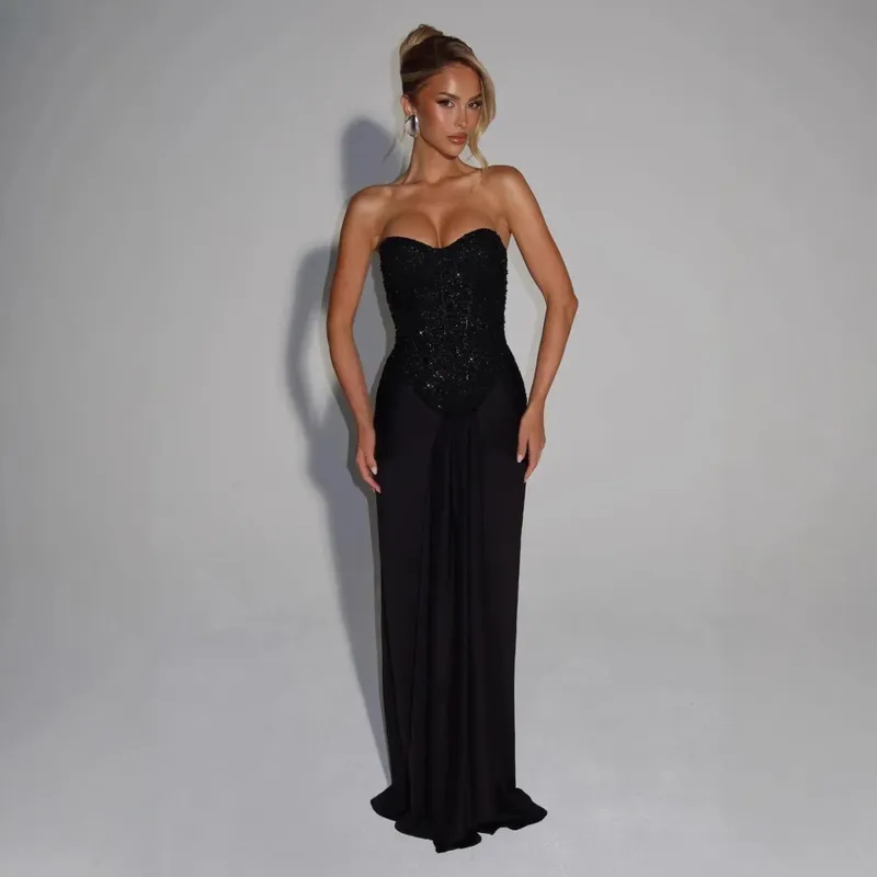 Sexy Sequin Patchwork Strapless Maxi Dress Women Sleeveles Off-shoulder Cinched-waist Pleated Dresses Lady Evening Party Gowns — image 5