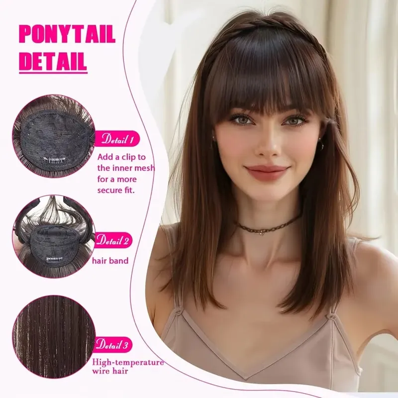 Snoilite 11'' Braided Headband with Clip-In Hair Topper With Bangs Natural Look Synthetic Straight Hair Extensions for Women 92g — image 6