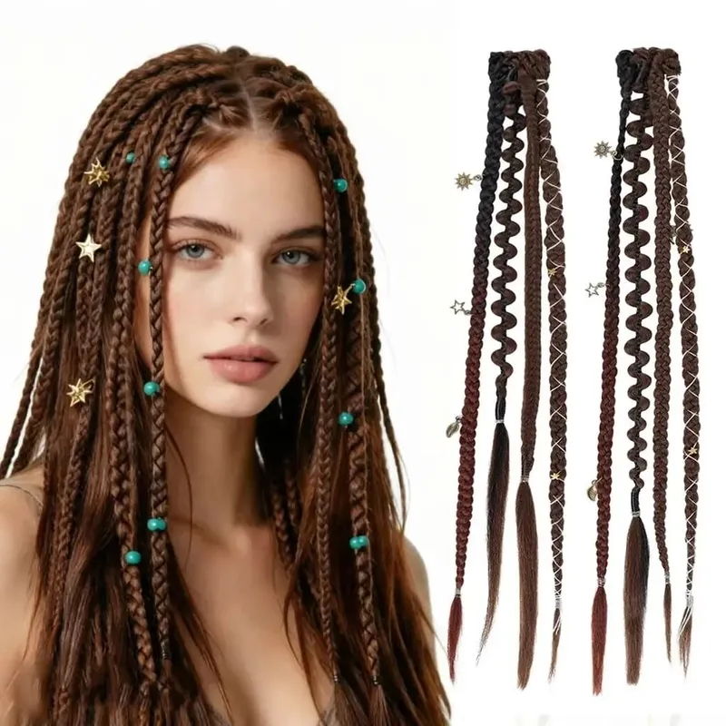 2Pcs Clip in Braided Hair Extensions for Women 16/20 Inch Handmade Synthetic Boho Clip in Braid Hairpieces with Beads & Charms — image 2