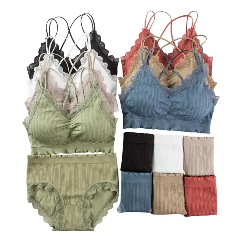 1Set Casual Lace Women Seamless Bra Set V-Neck Breathable Lingerie Set Comfortable with Bra Pads Underwear Set — image 4