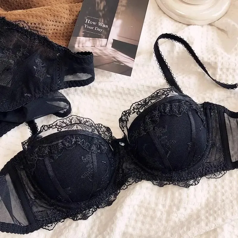 Franse geborduurde kanten lingerie tweedelige set Lichtgewicht ademende zachte beugelbeha met lichte ondersteuning voor kleinere bustes
