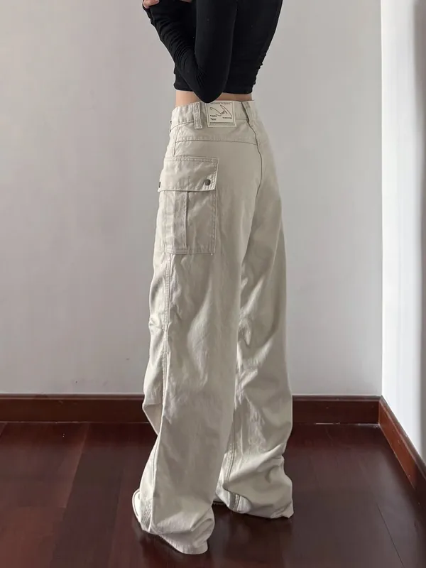 Retro American High Street Work Pants Light Beige Straight Leg Faded Casual Jeans Men Women High Waist Denim Fabric Wear Resi... — image 5