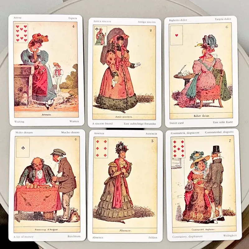 Sibilla Indovina Orakelkarten, 10,5 x 6 cm, Vintage-Wahrsagekartenspiel mit 52 Karten – mehrsprachiger viktorianischer Stil — image 5