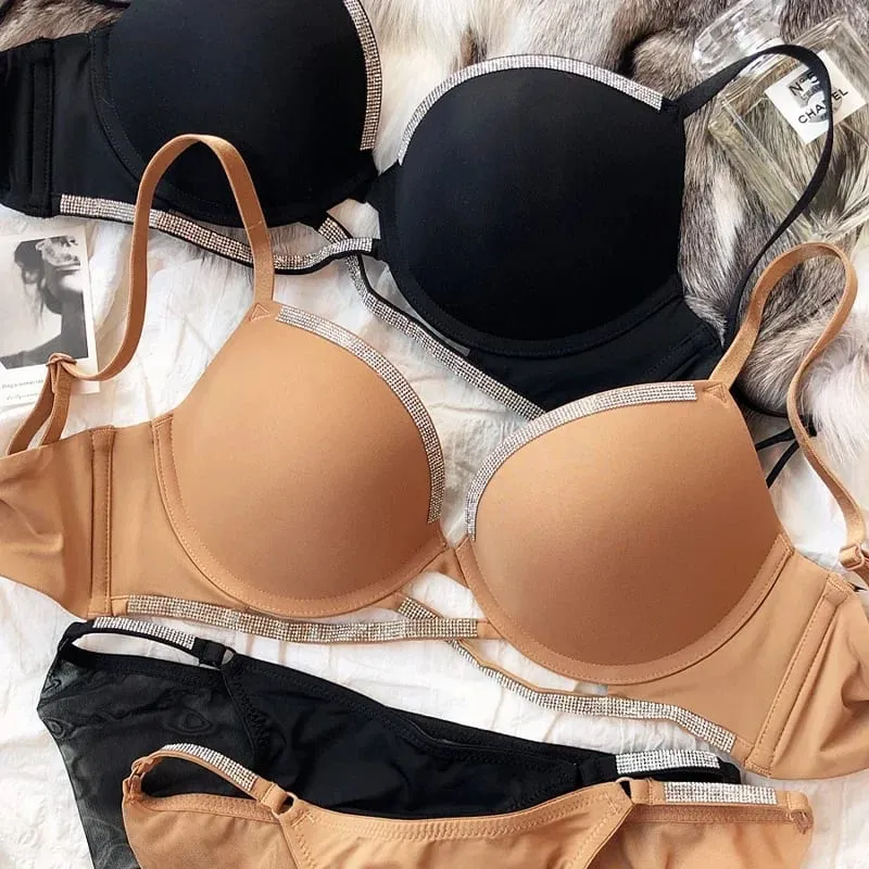2 Pieces Sexy Underwear Set for Women Classic Cross Hollow Bra Sparkle Rhinestones Lingerie Deep V Push Up Brassiere Set — image 4