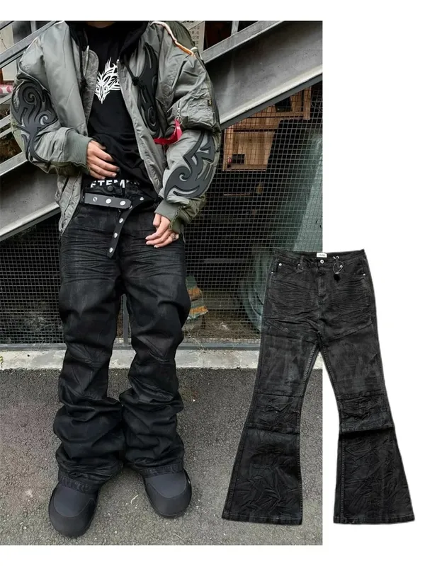 American retro heavy industry men and women black gothic retro casual loose jeans High street coated micro-flare jeans — image 9