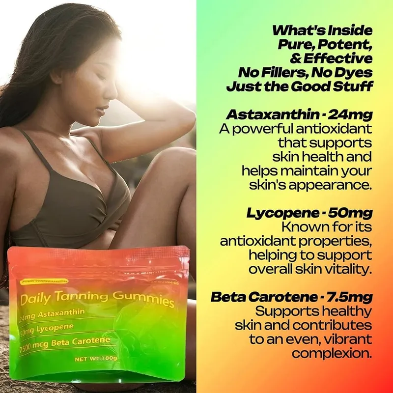 Gomas de bronzeamento - Suplemento de bronzeamento natural com astaxantina, licopeno e beta-caroteno - aumenta a melanina para uma pele radiante e com brilho — image 2