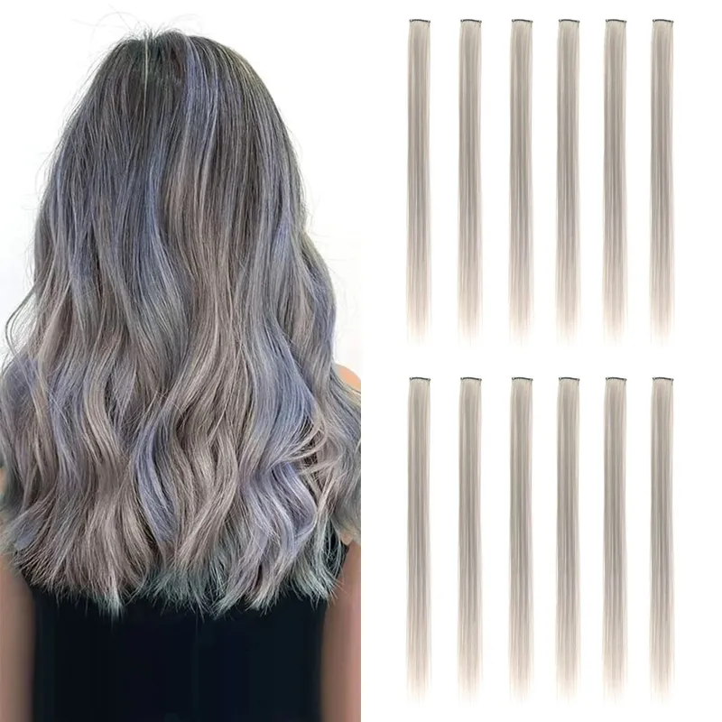 Farbige Haarverlängerungen, lila Farbe, Clip-in-Haarverlängerung, 12 Stück, Highlight, buntes Haarteil, gerade synthetische Haarteile