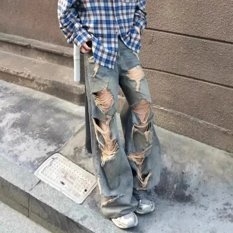 Men's Jeans Relaxed Fit Distressed Ripped Denim Pants Streetwear Summer Man Pants Washed Vintage Wide Leg Holes — image 6