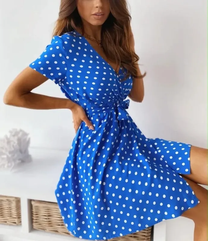 Sommer Damen Polka Dot Gedruckt Kurzarm Casual Kleid Modische V-ausschnitt Gürtel Pendeln Kleid Urlaub Party Damen Kleid — image 6