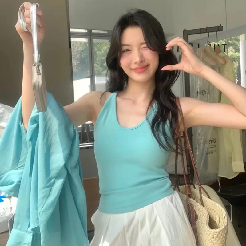 Korean Style with Chest Pad Strap Vest U-Neck Solid Color Backless Sleeveless Top Slimming Women Camis Summer