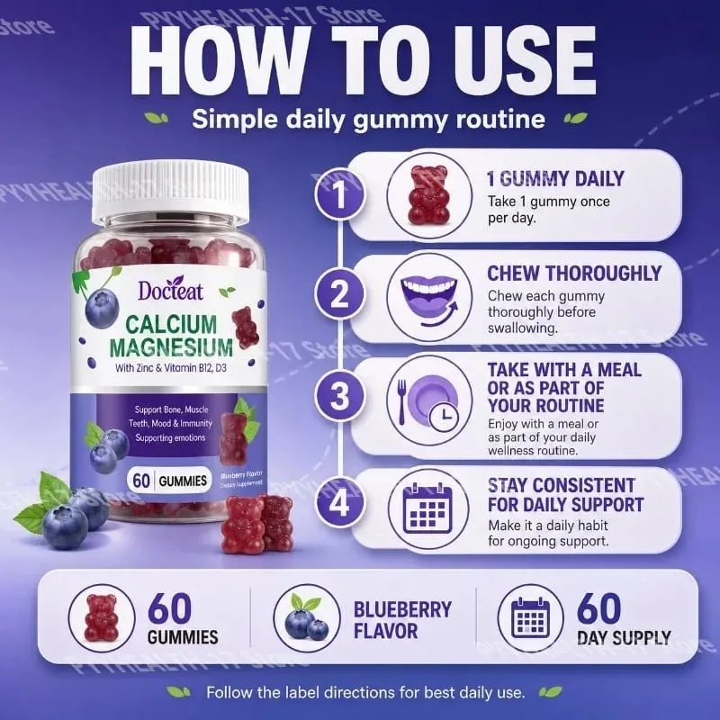 Calcium Magnesium Gummies with Zinc and Vitamins D3 B12 and B6 for Bone Teeth Mood & Immunity Support 60 Gummies — image 5