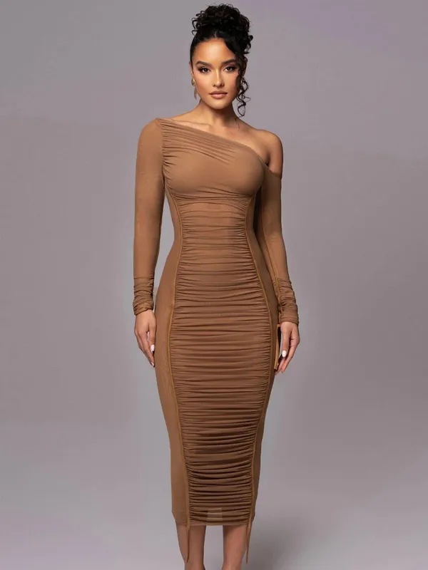 Hugcitar Mesh Solid Diagonal Collar Long Sleeve Draped Sexy See Through Bodycon Maxi Dress Summer Fashion Clothes Festival Club