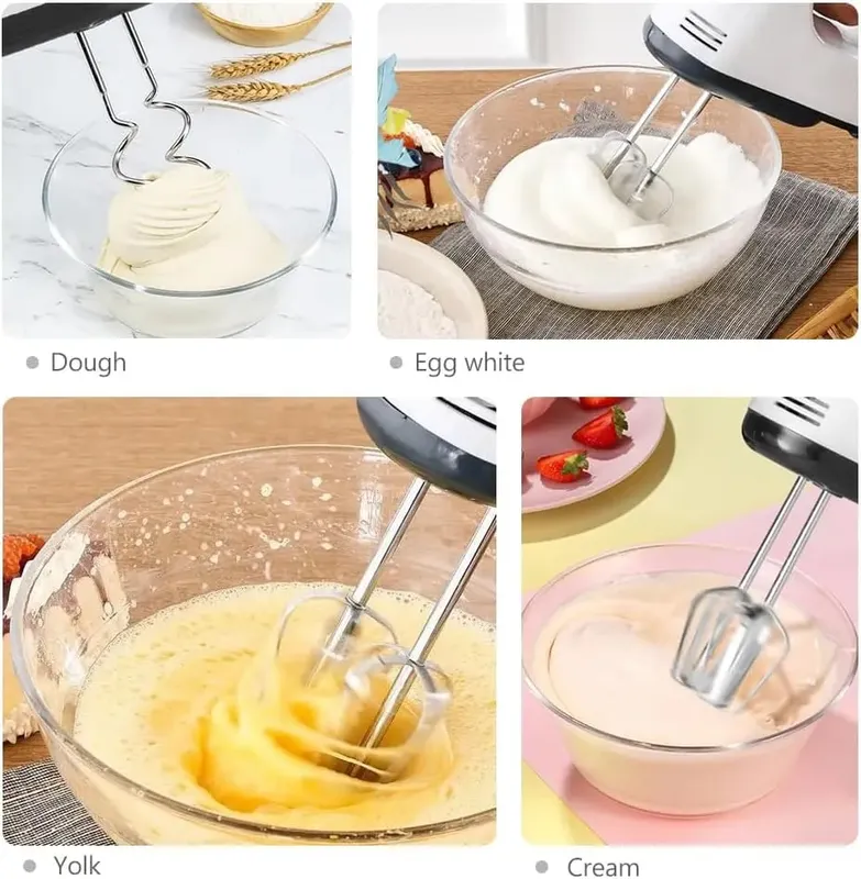 The handheld mixer has 7 speed settings to meet various needs from mixing dry ingredients to whipping cream.