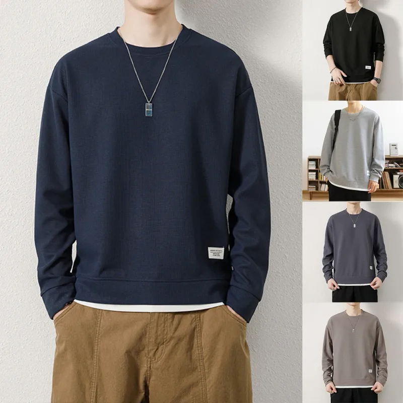 Loose for Fit Plaid Sweatshirt for Men with Long Sleeves Round Neck and Fake Two-Piece Visual Design for Everyday Use — image 2