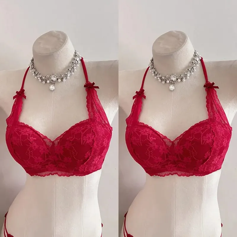 Sweet Halter Neck Bow Lace Wireless Bra Padded Push‑up Brassiere Ladies Layering Intimate Lingerie for Small Bust Size 32‑38 ABC — image 5