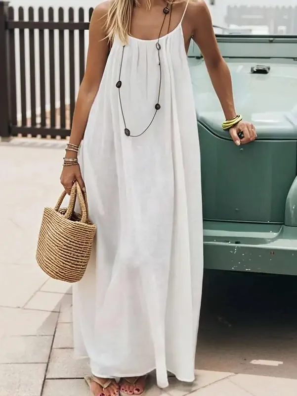 2026 New European & American Cross‑border Women’s Wear Solid Color Loose Casual Versatile Slip Backless Maxi Dress — image 1