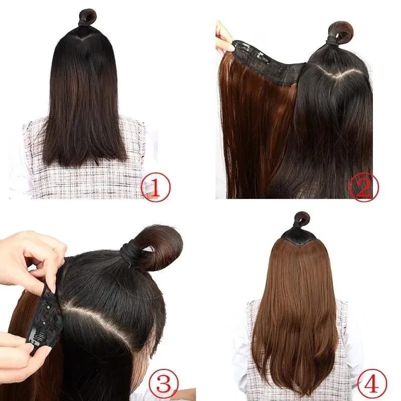 Synthetic 55CM V-shaped Hair Extension Piece Wig Long Straight Hair Female Natural Connection Seamless Clip Hair Wig Piece — image 7