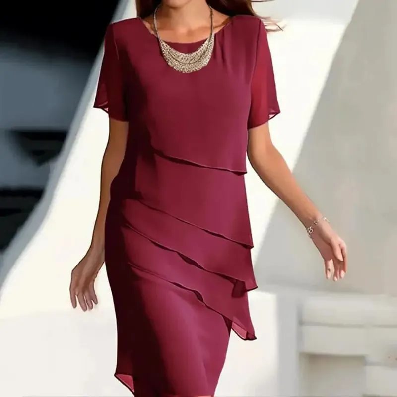 Women's Party Dress Chiffon Short Sleeve Round Neck Layered Asymmetrical Hem Formal Cocktail Dress