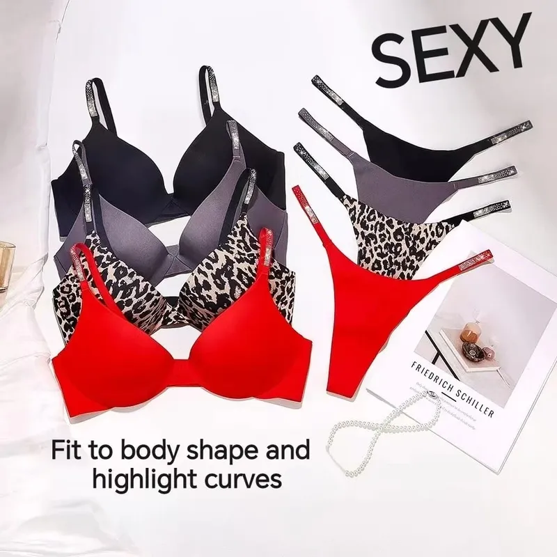 Rhinestone Sexy Bra Set Bralette Girls Underwear Brassiere Fashion Thong Gather Bras Lingerie Panty Sets — image 1